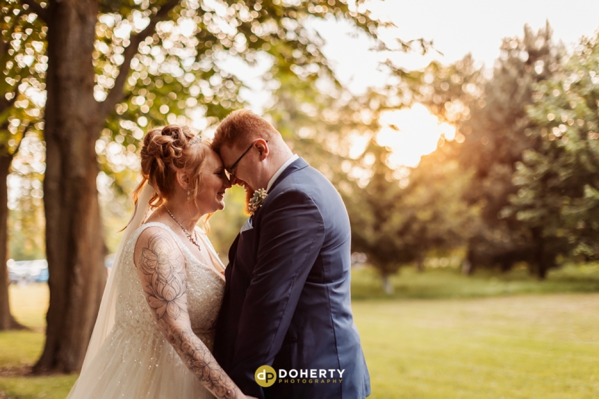 Bride and groom at Hogarths during golden hour