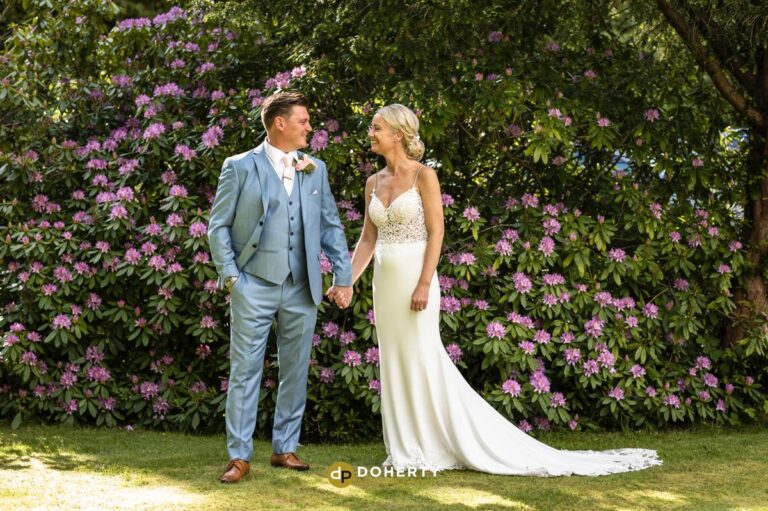 Ardencote manor wedding bride and groom in the gardens